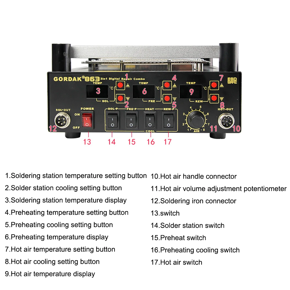 Gordak 863 3 в 1 Тепловая пушка Digita с горячим воздухом паяльная станция BGA+ Электрический паяльник+ Инфракрасная станция предварительного нагрева