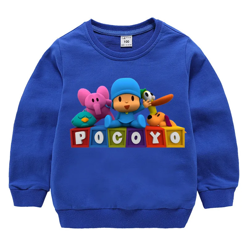 Детские хлопковые толстовки с капюшоном с принтом Pocoyo, хлопковый пуловер для девочек, топы для маленьких мальчиков, осенняя одежда - Цвет: T127O-blue