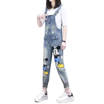 

spring Autumn Women Cartoon Print Denim Jeans Flower Pearl Patches Ripped Female jumpsuits rompers overalls mono mujer body neon