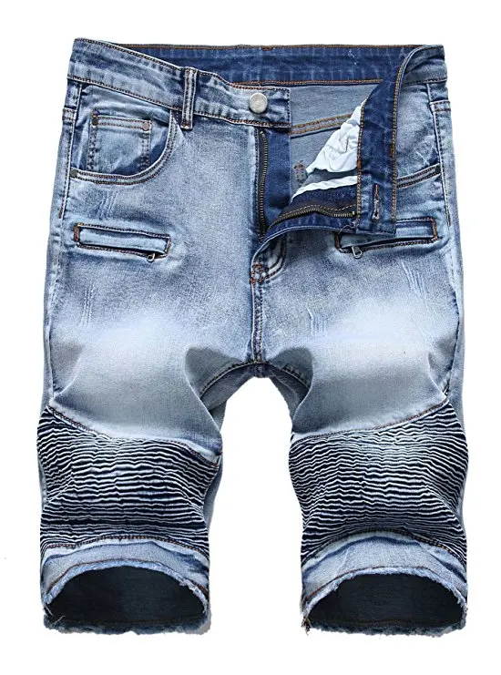 Silk Blue Классические плиссированные мужские повседневные джинсы с потертостями, прямые джинсовые шорты, байкерские джинсовые шорты с карманами, рваные шорты - Цвет: Silk Blue