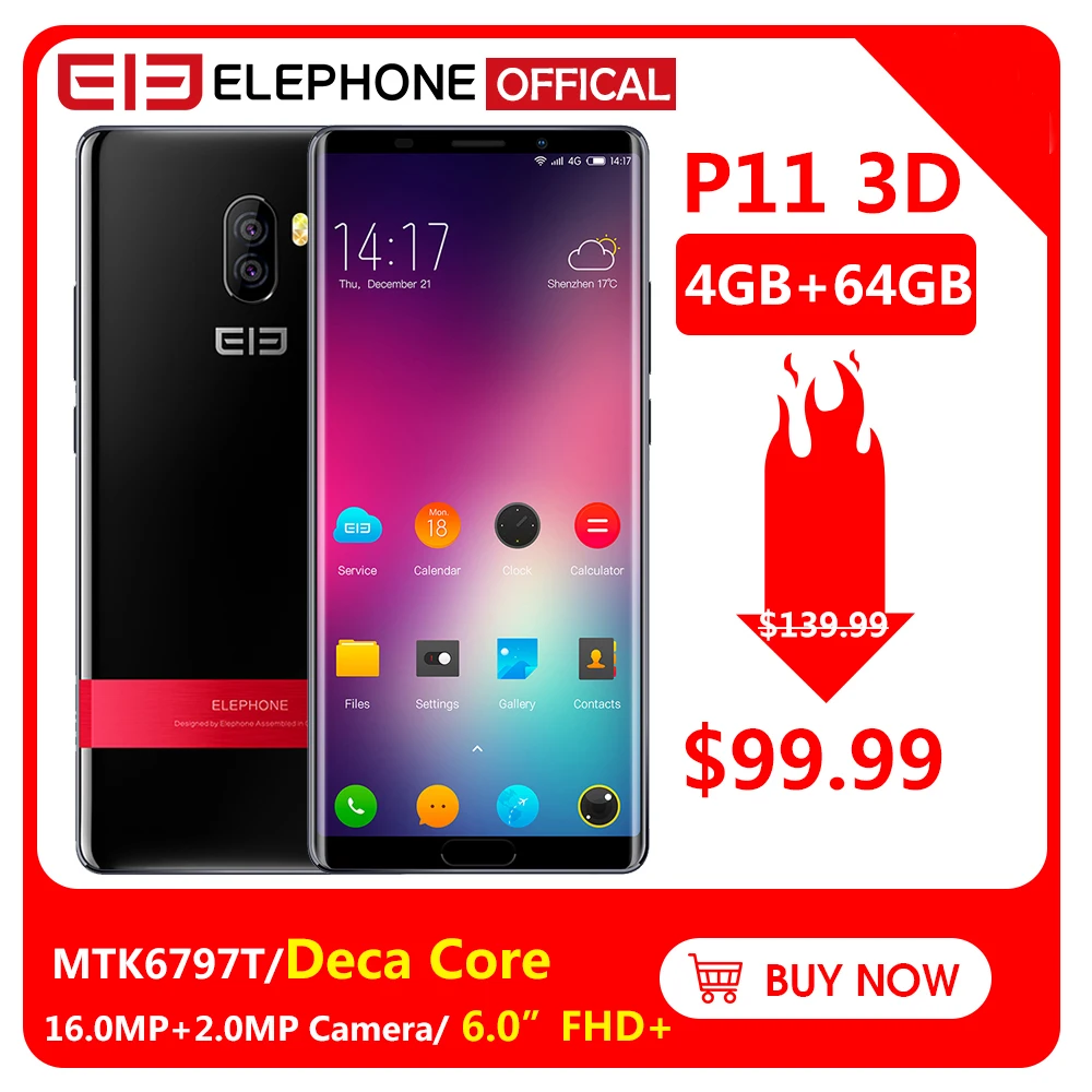  Elephone P11 3D 6.0 Inch Screen FHD+ 4GB 64GB Mobile Phone Android 8.0 MTK6797T Deca Core 16MP+8MP 