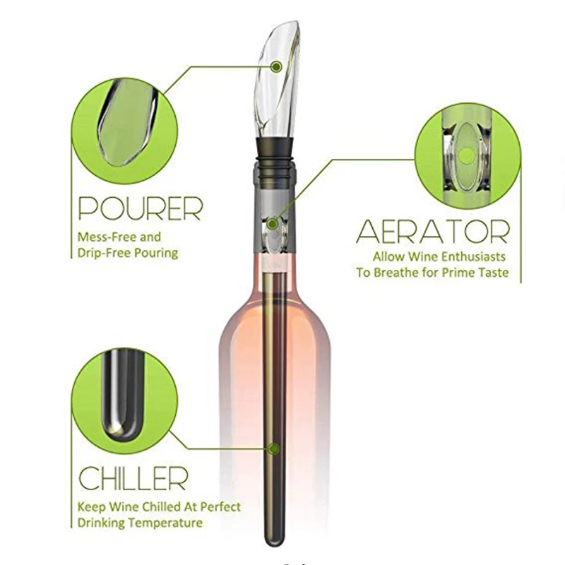 Wine Chiller Stainless Steel Wine Bottle Cooler Stick Freezer with Aerator and Pourer Decanter for Beer Whiskey Cocktails Grape