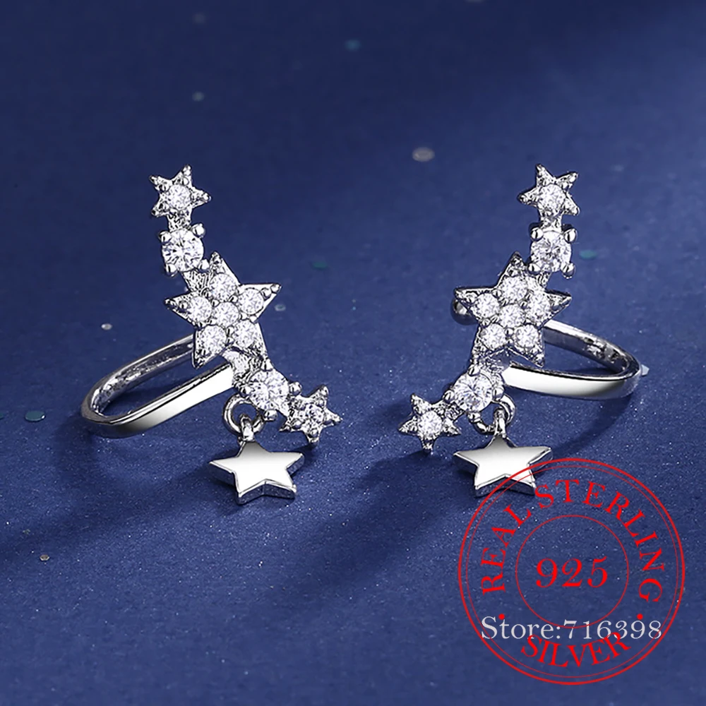 

925 Sterling Silver Crystal Star Clip Earrings for Women Brincos Christmas Gift Wedding Jewelry pendientes