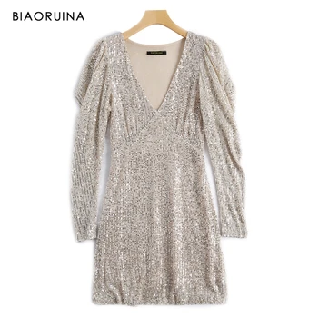 

BIAORUINA Women's Fashion V-neck Sequined Mini Dress Long Sleeve Female High Waist Slim Sexy Party Dress Vestidos with Lining