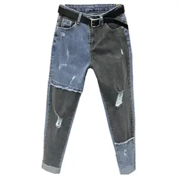 

New spring autumn fashion personality stitching jeans women contrast color high waist was thin holes feet harem pants r59