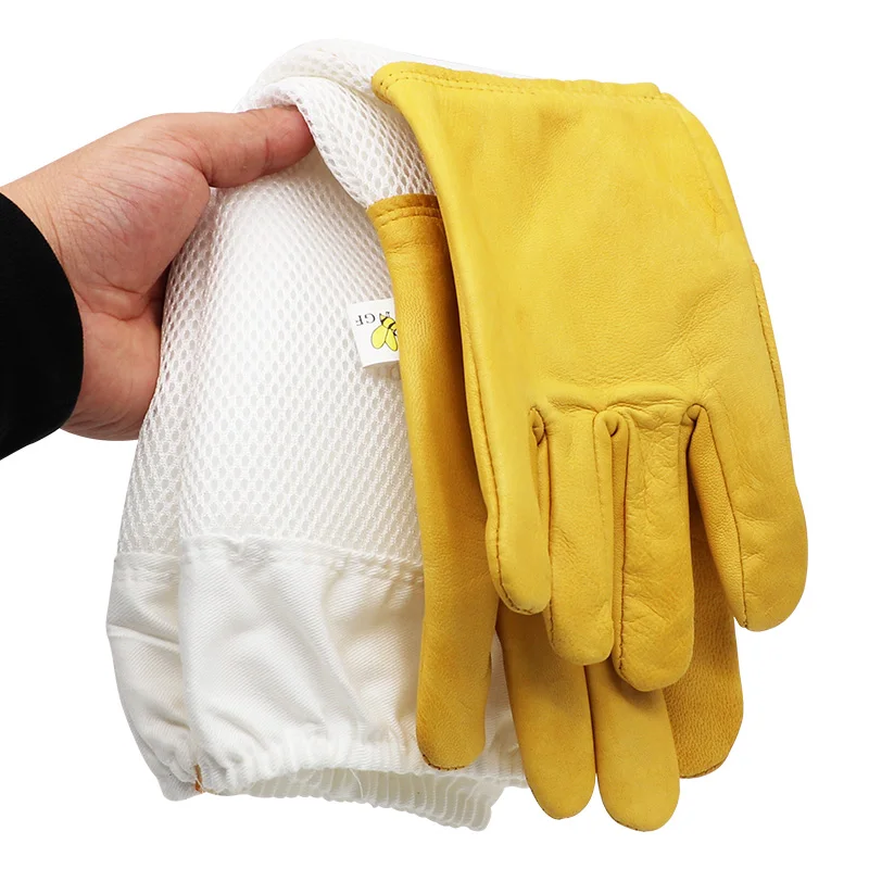 Beekeeping Gloves Protective Sleeves Breathable Mesh Sheepskin and Cloth for Apiculture
