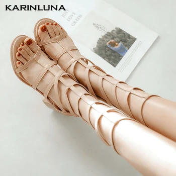 

Karinluna Brand New Trendy Square Heels Gladiator Knee High Zipper Leisure Summer Woman Shoes Sandals