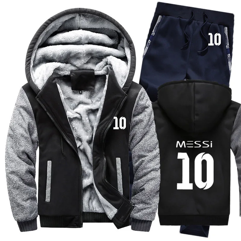 Зимняя мужская толстовка с капюшоном Messi 10 принт мужские s толстовки костюм толстый теплый флис хлопок спортивный костюм на молнии мужская куртка+ брюки комплекты из 2 предметов - Цвет: 807