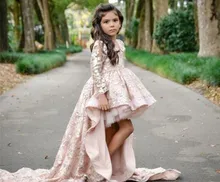 High Low Pink Lace Long Flower Girls Dresses for Wedding 2021 Full Sleeve Sweet Pageant Dress Formal Kids Wear for Toddlers