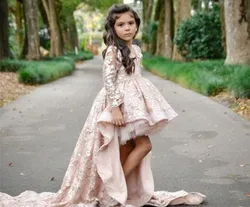 High Low Pink Lace Long Flower Girls Dresses for Wedding 2021 Full Sleeve Sweet Pageant Dress Formal Kids Wear for Toddlers