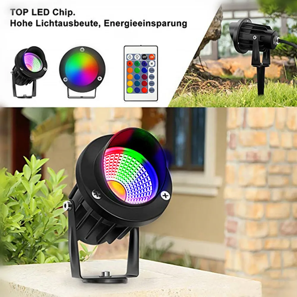 Lampada da giardino LED RGB COB da esterno da 10 W con telecomando, faretto da giardino con puntale impermeabile IP65 AC85-265 V UE_voghion.com