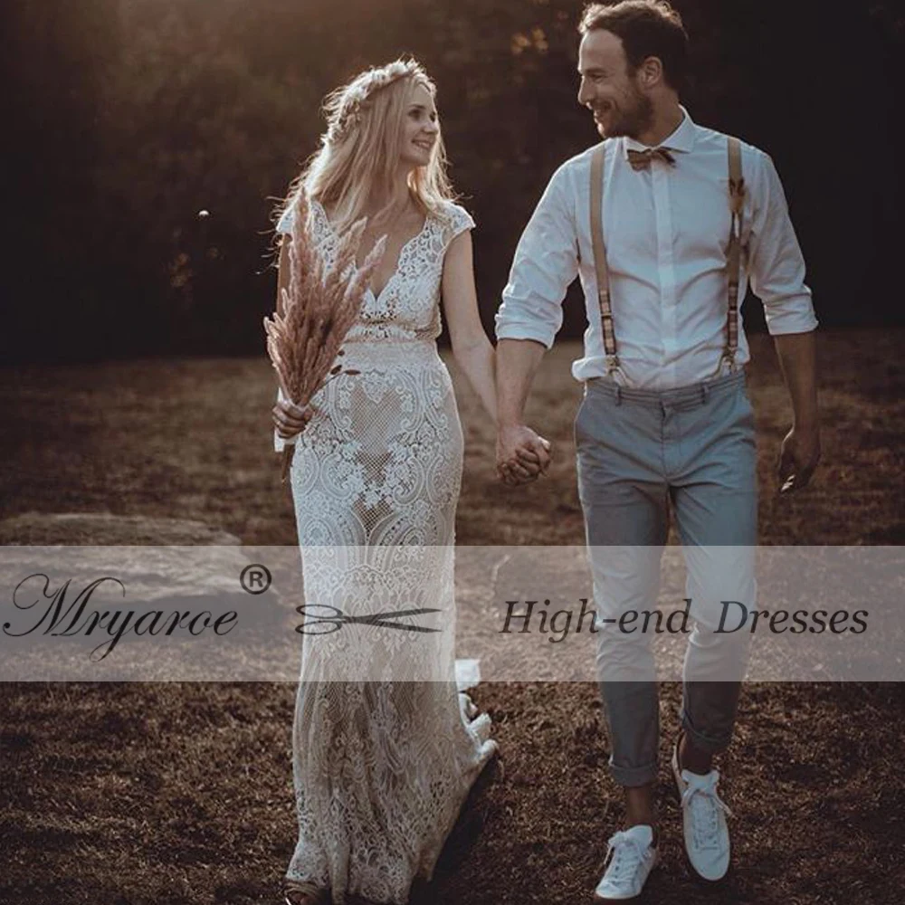 Mryarce Unique Bride Vintage Crochet Lace Boho Wedding Dress Cap Sleeves Open Back Bohemian Bridal Gowns  (11)
