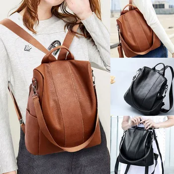 

Female anti-theft backpack classic PU leather solid color backpack canta fashion shoulder bag 2020