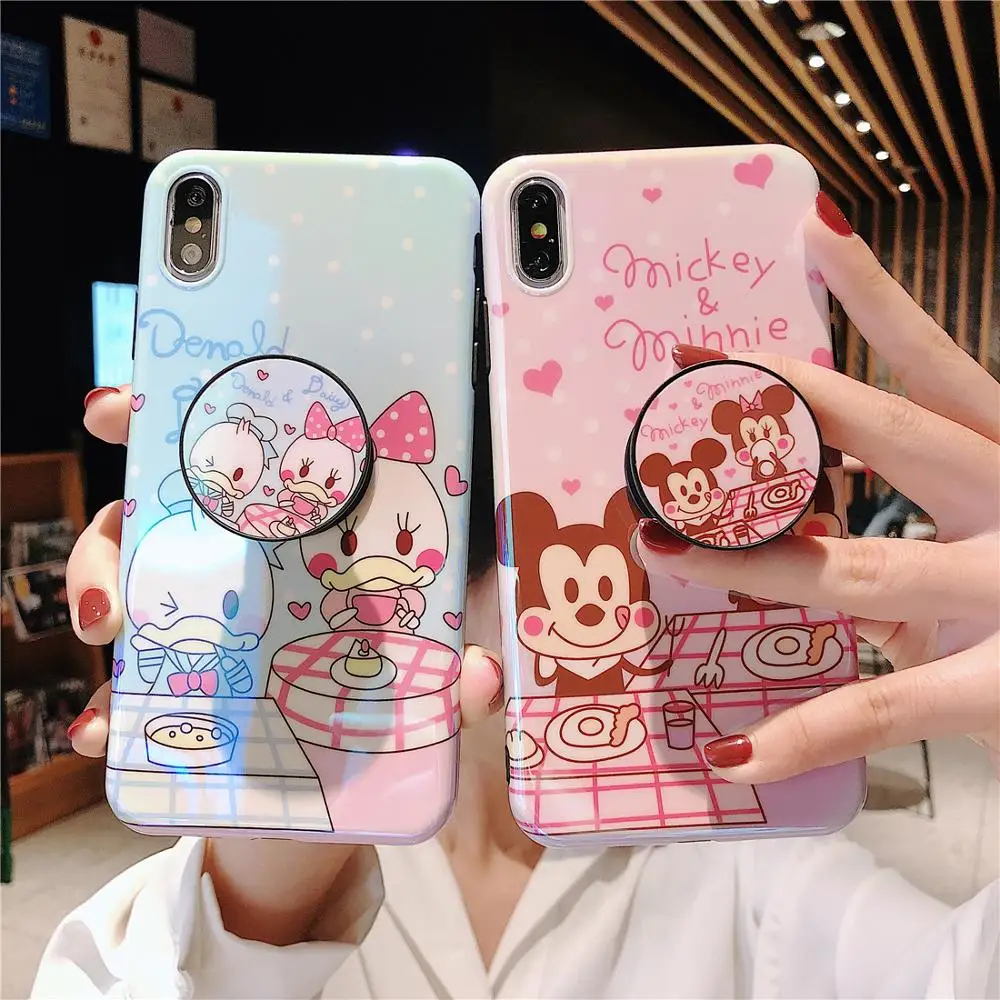 

Glossy Cute Lovely Girly Cartoon Mouse Duck Couple Phone Case For iPhone 8 7 6 6s plus X 11 Pro XS Max XR i8P Holder Stand Cover