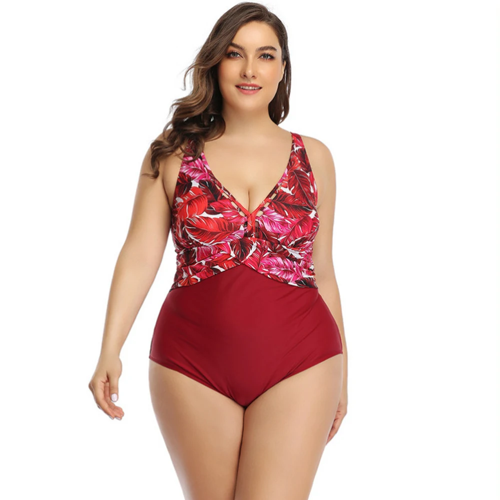 

2020 Plus Size Swimsuit Women One Piece Bikini Red Print Patchwork Monokini Large Size Bathing Suits Beachwear Swimming Suit 4XL