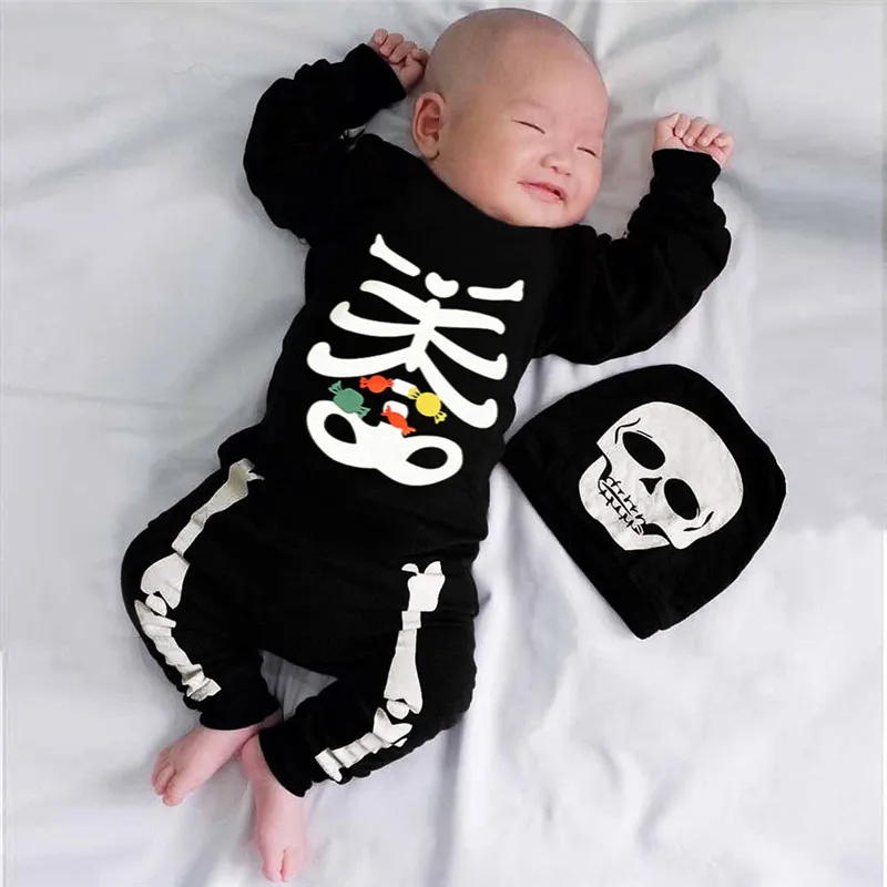 

2019 Fashion Newborn Baby Clothing Boys Girls Halloween Bone Print Romper Jumpsuit+Hat Outfits Set