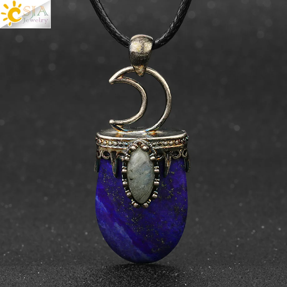 CSJA Natural Stone Crystal Pendants Necklace Antique Silver Color Purple Pink Quartz Necklace Jewelry Crown Moon Charm Gift G274 - Image 4