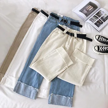 

2020 Spring Summer Boyfriend Jeans Femme High Waist With Sashes Wide Legs Denim Pants Women Casual Loose Jeans Women White Panta