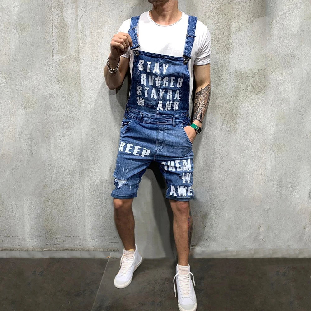 

Men Denim Pants Mid Waist Letter Print Bib Pants Man Straight Knee Length Jeans Overalls Ripped Male Denim Jumpsuits Jeans D40