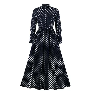 

Fall 2019 New Black Retro Polka Dots Dresses Stand Collar A-Line Ankle-Length Dresses Date Night Long Sleeve French Chic Dress