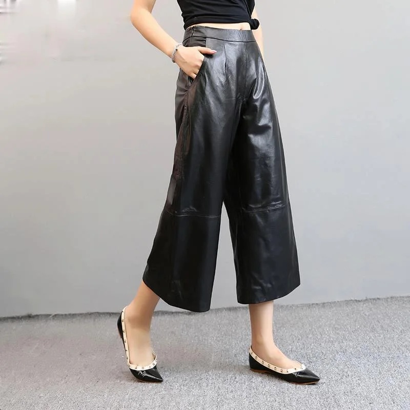 High-Quality-Black-Wide-Leg-Pants-Female-100-Sheepskin-Leather-Pants ...
