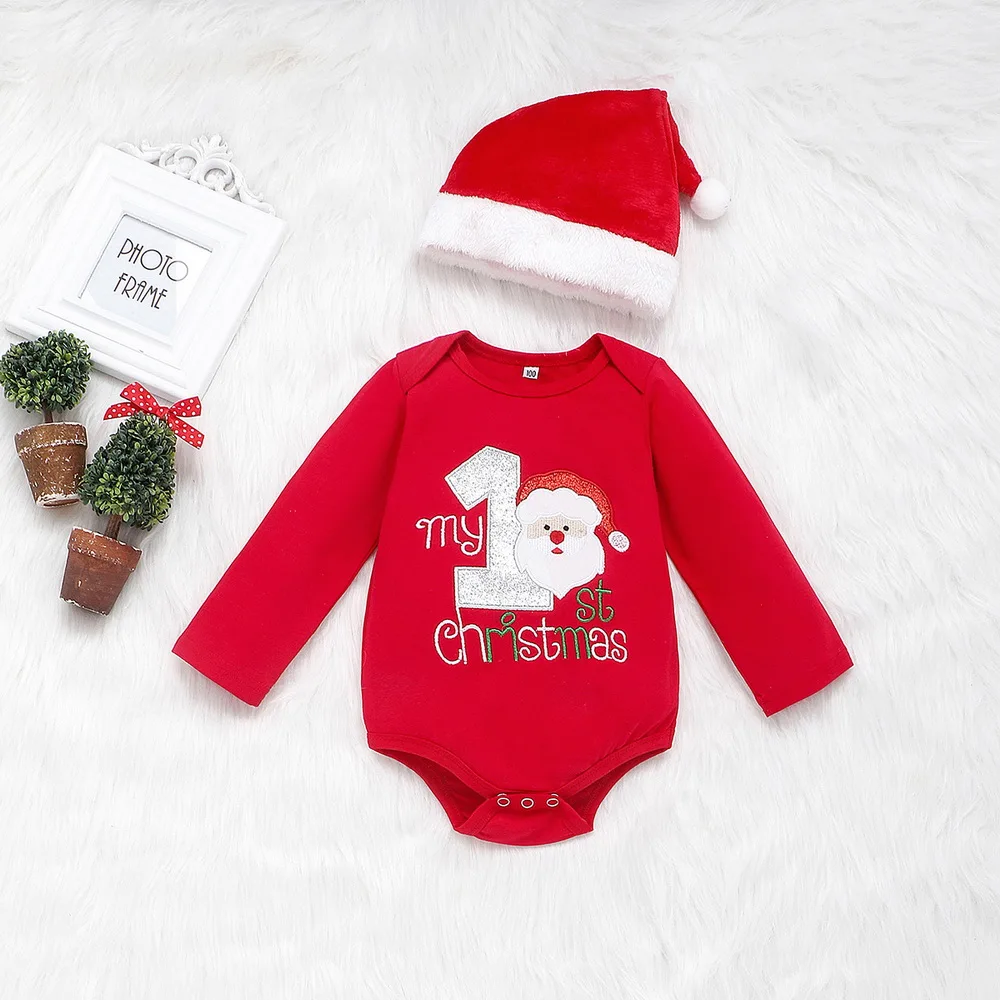 Рождественские наряды для маленьких мальчиков; Рождественский Костюм «My 1st»; штаны с Санта-Клаусом и рождественской шапочкой; Рождественский комплект одежды для малышей; пижамы; D20