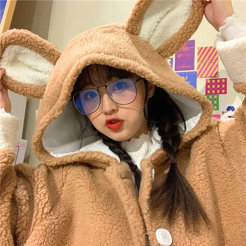 Элегантный Искусственный мех Kawaii плюшевый мишка пальто для женщин зимние теплые мягкие кнопки для меха флисовая куртка с капюшоном карман милые уши плюшевое пальто