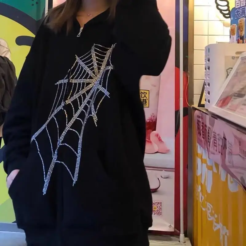 QWEEK Black Gothic Zip Up Hoodies Women Autumn Emo Grunge Tracksuit Dark Academia Spider Web Coat Punk Sweatshirts Alt Clothes
