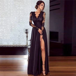 Deep V Neck High Slit Evening Dresses for Women 2022 Floor-Length with Satin Lace Full Sleeve Formal Party Vestido De Noiva
