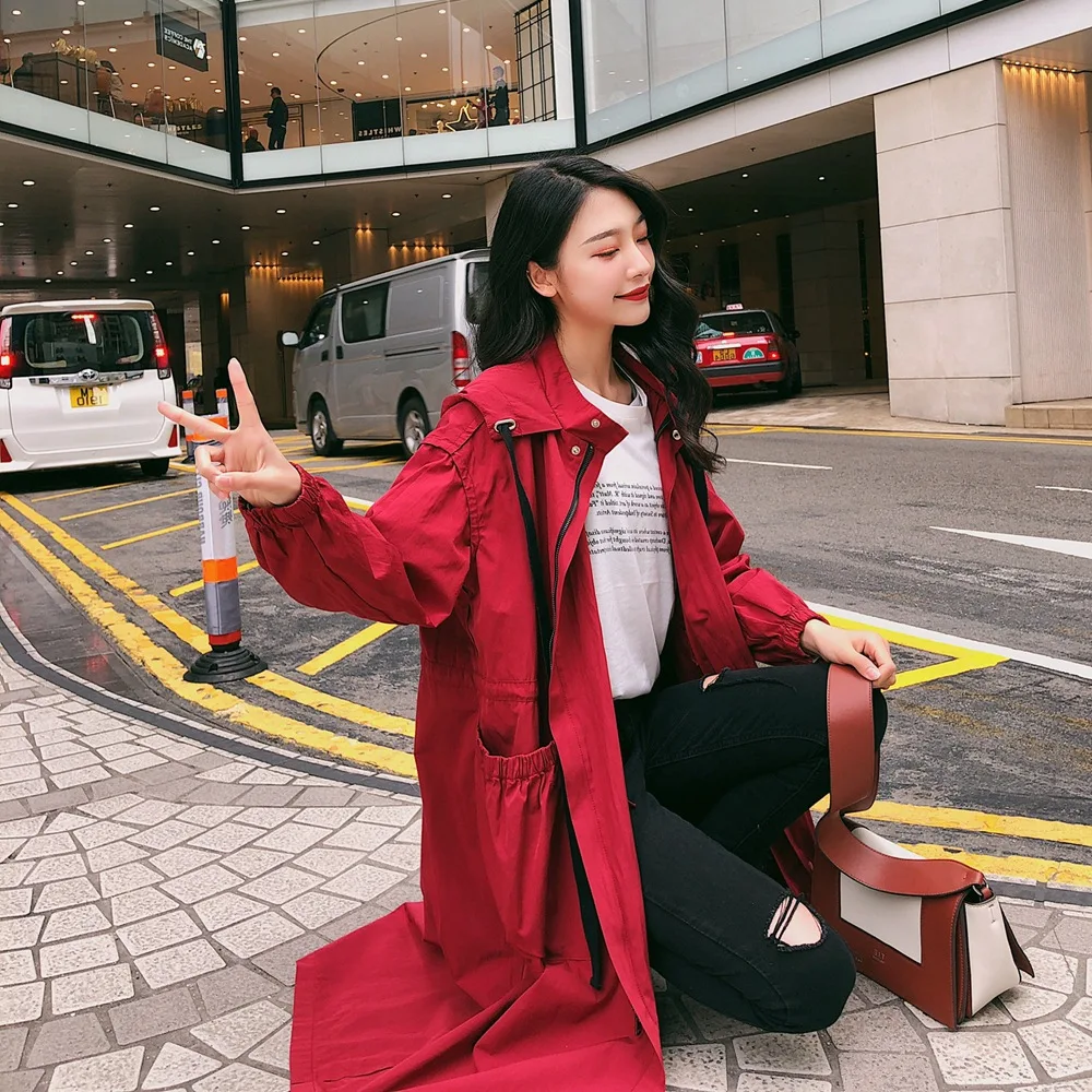 

Autumn New Style WOMEN'S Dress-Style Retro Harajuku-Style Loose-Fit Waist Hugging Explicit Thin Long Hooded Trench Coat Workwear