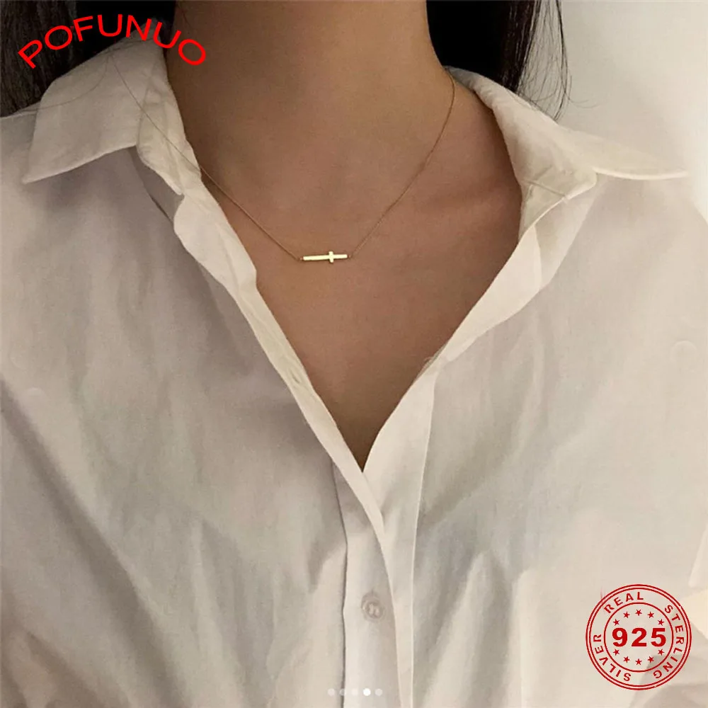 POFUNUO 925 пробы серебряные женские простые очаровательные Чокеры с крестом