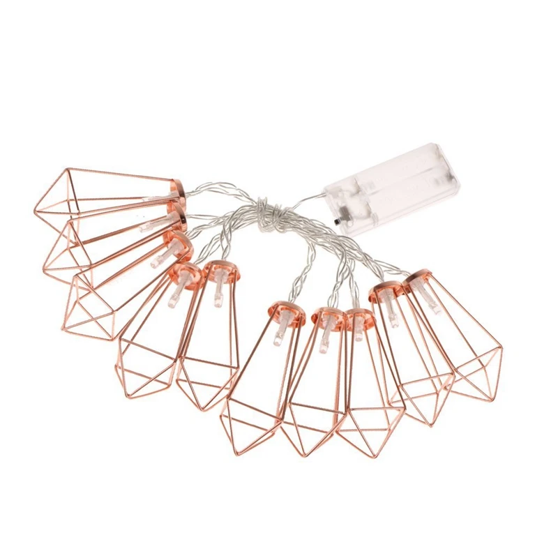 10LED Rose Gold Iron Diamond Shape Fairy String Lights Wedding Party Christmas Indoor Outdoor Decor Battery Powered(Warm White