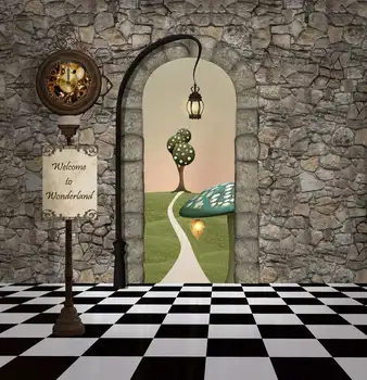 

5x7FT Welcome to Alice Wonderland Stone House Mushsroom Checkers Custom Photo Background Studio Backdrop Vinyl 150cm x 220cm