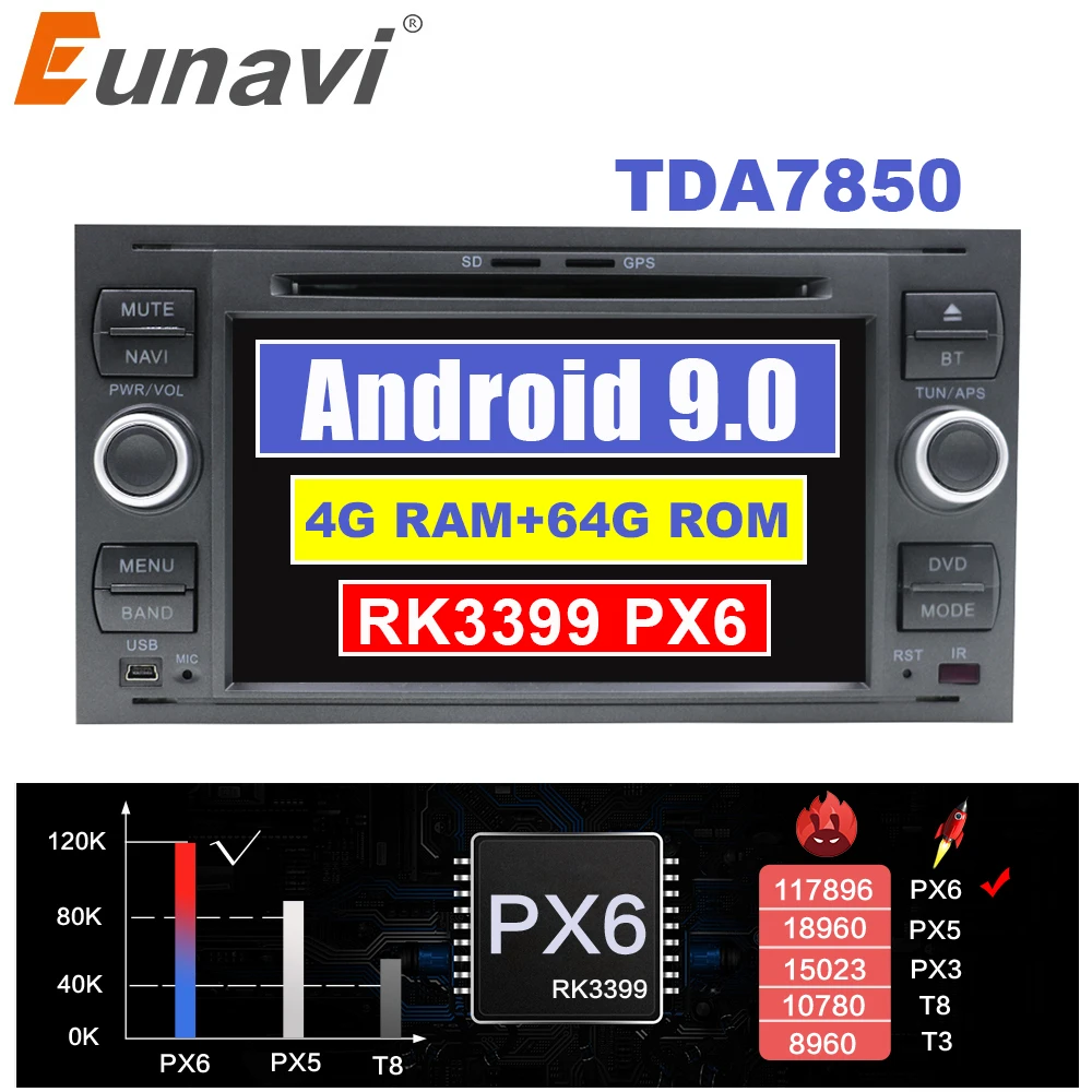 Eunavi 2din 4G 64 Android 9 Автомагнитола DVD мультимедиа для Ford Mondeo S-max Focus C-MAX Galaxy Fiesta transit Fusion подключения kuga