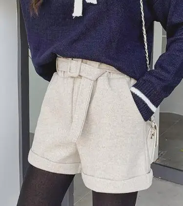 style 2 apricot Новинка, женские шорты на осень и зиму, шорты с высокой талией, одноцветные, повседневные, свободные, теплые, с эластичной резинкой на талии, широкие, короткие, для женщин - Цвет: style 2 apricot