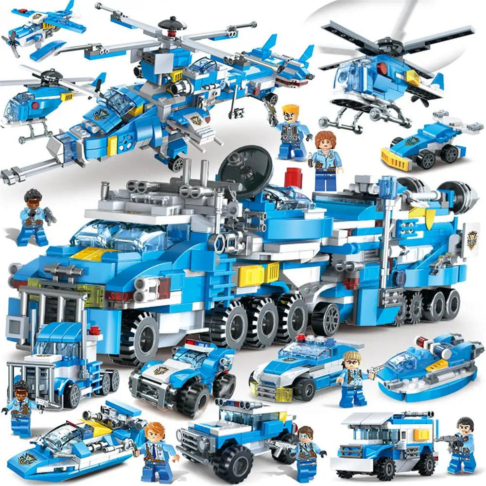 

735PCS 9 IN 3 City Police Building Blocks Vehicle Aircraft kids Toy Educational Truck Block Compatible Model Bricks