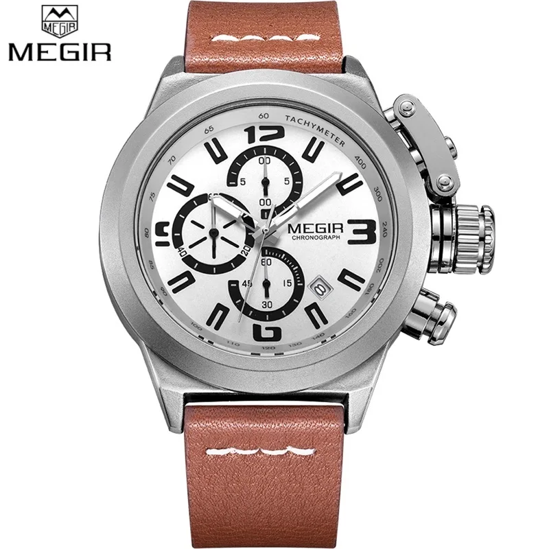 

Megir New Fashion Men Watches Analog Quartz Wristwatches 30M Waterproof Chronograph Sport Date Leather Band Watches montre homme