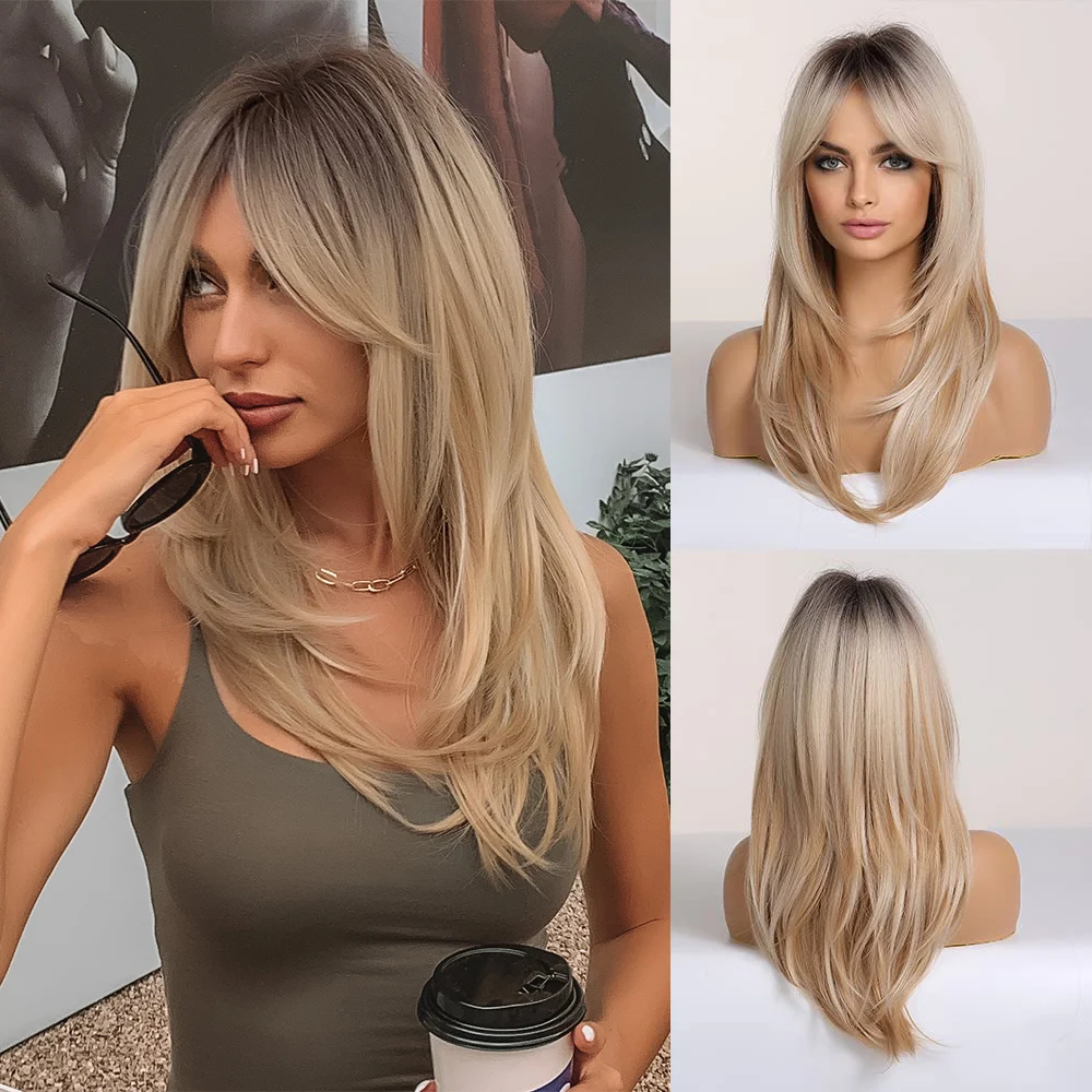 Element New Arrival Long Straight Wigs Ombre Black Blonde Ash Wig with Bangs Heat Resistant Synthetic Wigs for Women new arrival model show exhibitor 6 options black velvet jewelry display for woman necklaces pendants mannequin jewelry stand