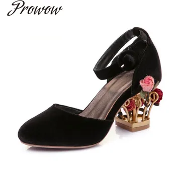 

Prowow New Black Velvet Round Toe Mary Jane Pumps Ankle Strap Ross Caged Heel High Heel Pumps Shoes Ladies