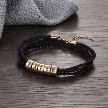 

Personalized Braided Rope Men Bracelet Custom 2-5 Name Stainless Steel Rose Gold Beads Engraved ID Bracelets Gifts for Men