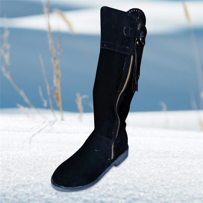 BK SAGACE Winter Warm Knee High Boots Womens Snow Boots PU Leather High Heels Side Round Toe Side Zipper Tassel Female Shoes 1026 - Цвет: BK