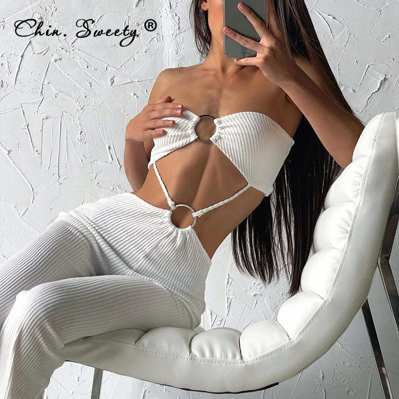 Women's Solid Tube Top Trousers Two Piece Set 2021 Autumn Slim Sleeveless Hollow Out Tops Flare Pant Sets Ladies Sexy Suit |