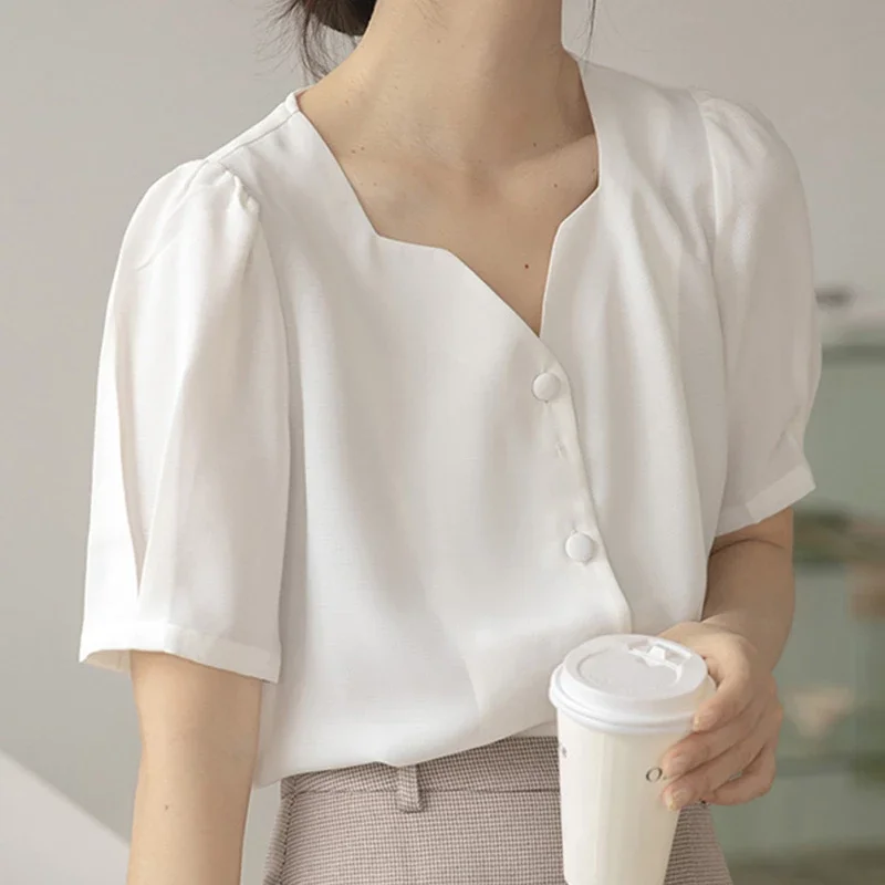 Summer V-neck Fashion Solid Basic Shirts Women Tops and Blouse Chiffon Blusas Female Elegant White Yellow Style Japan Korea 0625