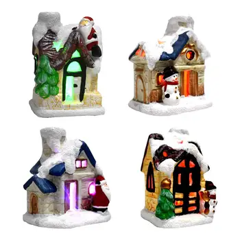 

Christmas Resin House With LED Light Luminous Fantasy Snow Scene Snowman Village Table Ornament 2021 New Year Home Decoration