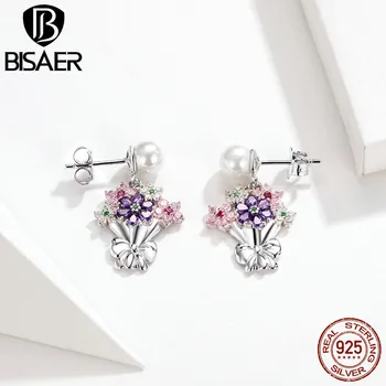 

BISAER Colorful Earrings 925 Sterling Silver Wedding Flowers Drop Earrings For Women Wedding Party Luxury Fine Jewelry GAE152