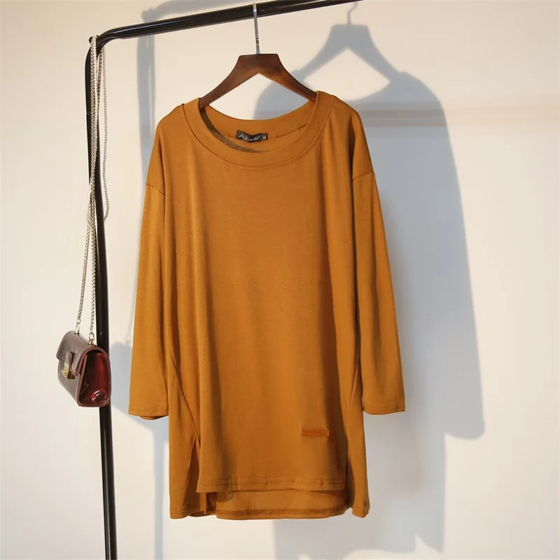 

XL-5XL Plus Size Women Long Sleeve T-shirts Autumn 2019 Fashion Solid Color O-neck Loose Casual Split Cotton Tshirt Long Tops