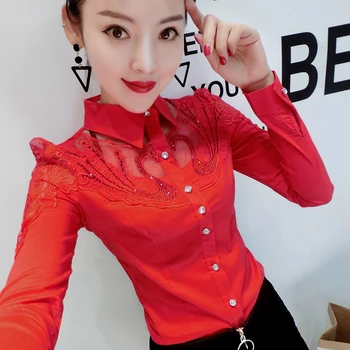 

Fashion Embroidery Blouse Sexy European Patchwork Diamonds 2019 New Autumn Winter Women Tops Shirt Clothes Camiseta Mujer T9N702