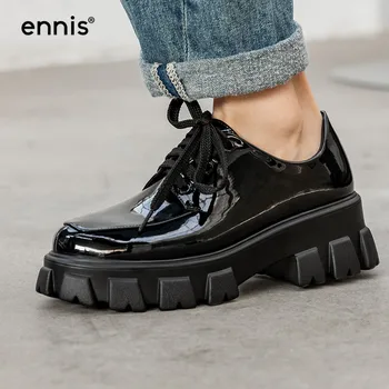 

ENNIS Fashion Thick Sole Shoes Women Casual Shoes Flat Patent Genuine Leather Lace Up Black Platform Shoes Autumn Winter C9125