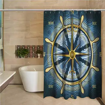 

Compass Precision Custom Shower Curtain Navigation Golden Compass with Windrose and Helm on a Wavy Backdrop Maritime Modern