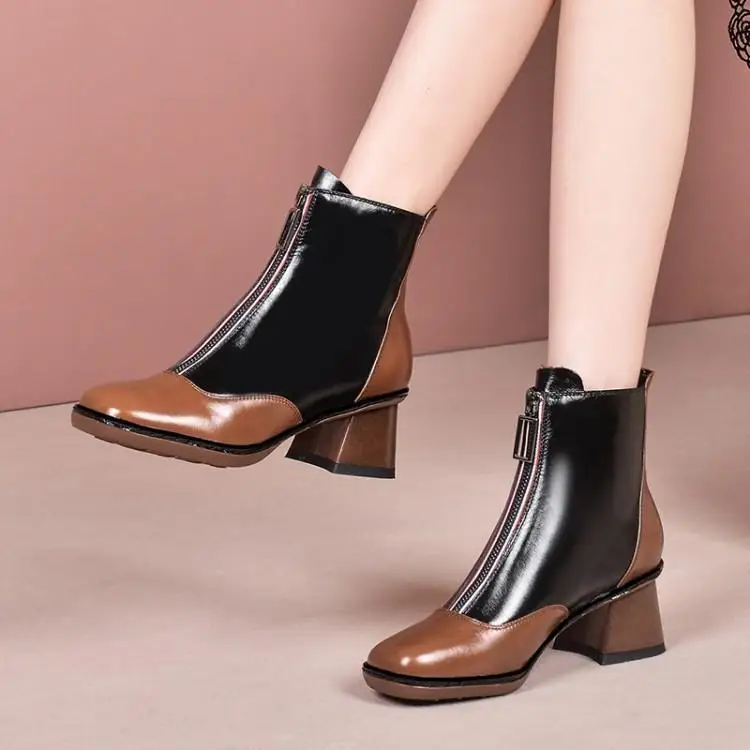 

Short boots with color matching in female leather boots Martin documentary boots boots head layer cowhide 5 cm thick